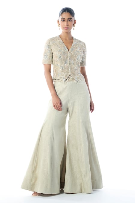 Rishi and Soujit Sequin Pearl Cluster Embroidered Waistcoat With Flared Pant 