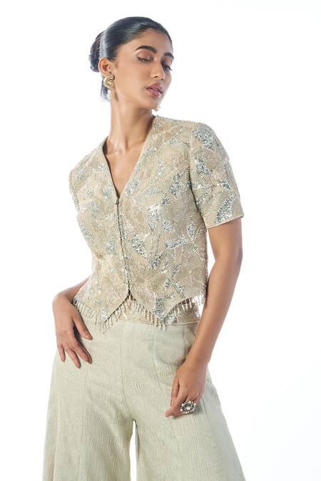 Buy_Rishi And Soujit_Silver Tissue, Organza Pearls, Embroidered Waistcoat Set With Flared Pant _Online_at_Aza_Fashions