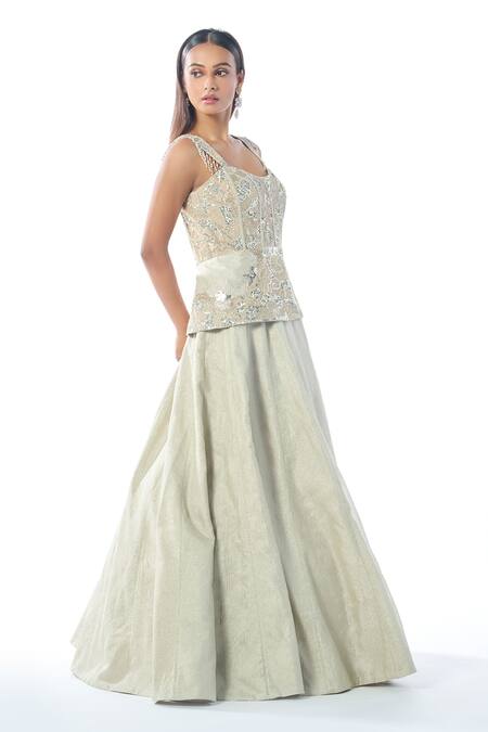 Rishi And Soujit_Silver Tissue, Organza Pearls, Sequins, Embroidered Peplum Top And Lehenga Set _Online_at_Aza_Fashions