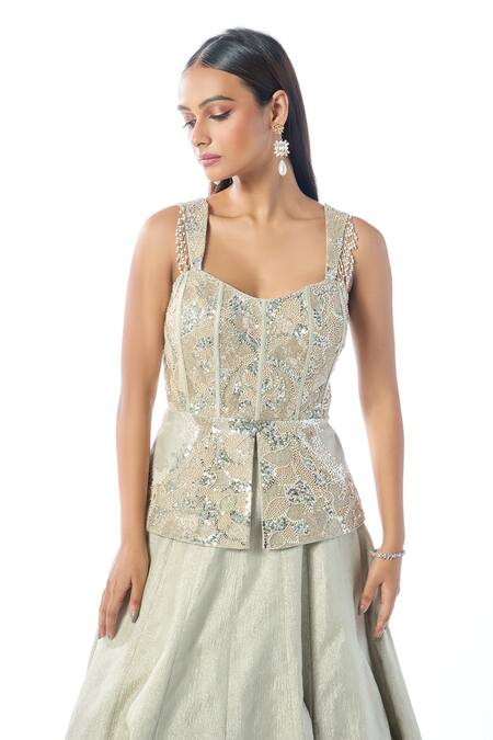 Buy_Rishi And Soujit_Silver Tissue, Organza Pearls, Sequins, Embroidered Peplum Top And Lehenga Set _Online_at_Aza_Fashions