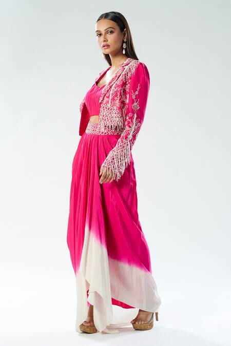 Buy_Rishi And Soujit_Ivory Crepe Pearls, Sequins, Embroidered Cropped Jacket And Draped Skirt Set _Online_at_Aza_Fashions