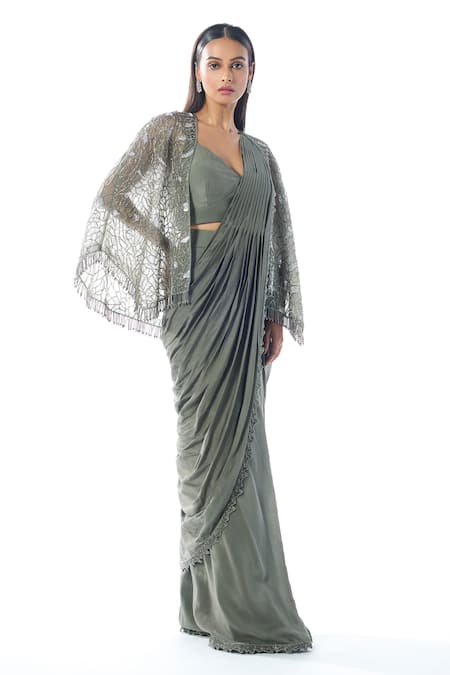 Rishi and Soujit Embroidered Border Pre-Draped Saree Tasselled Cape Set 