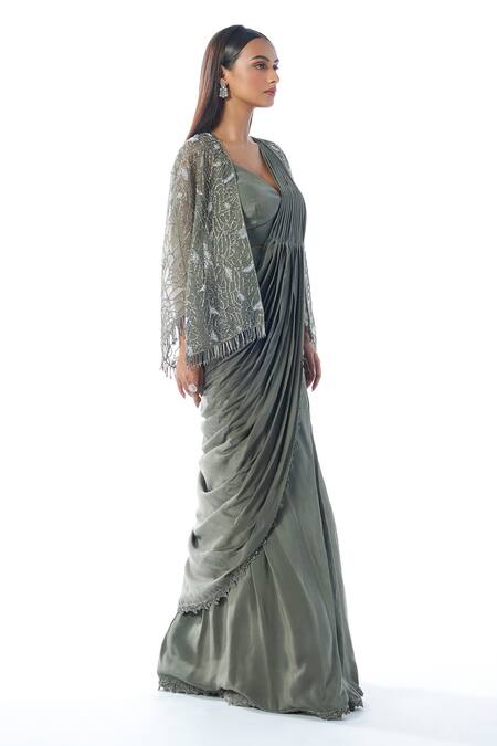 Rishi And Soujit_Green Organza, Crepe Tassels, Sequins Embroidered Pre-draped Saree And Cape Set _Online_at_Aza_Fashions