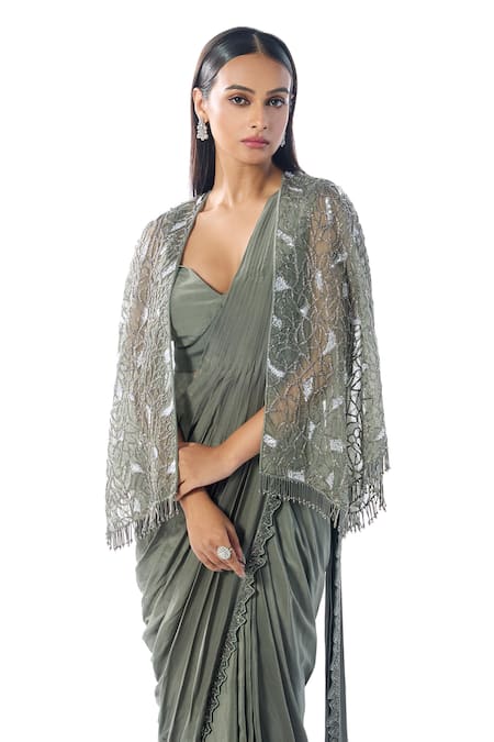 Buy_Rishi And Soujit_Green Organza, Crepe Tassels, Sequins Embroidered Pre-draped Saree And Cape Set _Online_at_Aza_Fashions