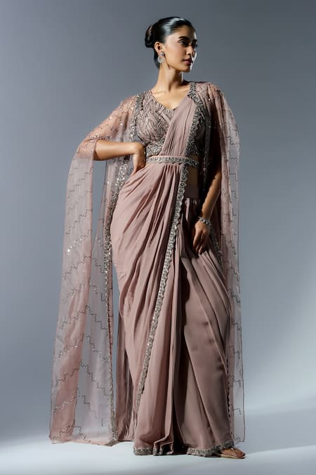 Rishi and Soujit Embroidered Border Pre-Draped Saree With Blouse 