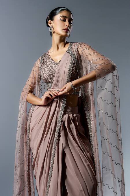 Rishi And Soujit_Beige Georgette, Organza Beads, Chains V-neck Embroidered Pre-draped Saree Set _Online_at_Aza_Fashions