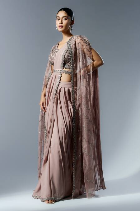 Buy_Rishi And Soujit_Beige Georgette, Organza Beads, Chains V-neck Embroidered Pre-draped Saree Set _Online_at_Aza_Fashions