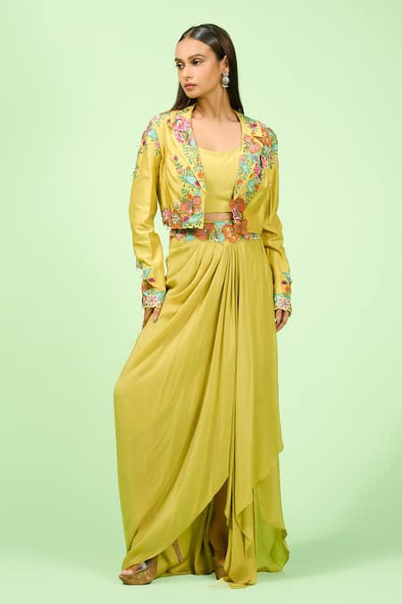 Rishi and Soujit Embroidered Jacket & Draped Skirt Set 