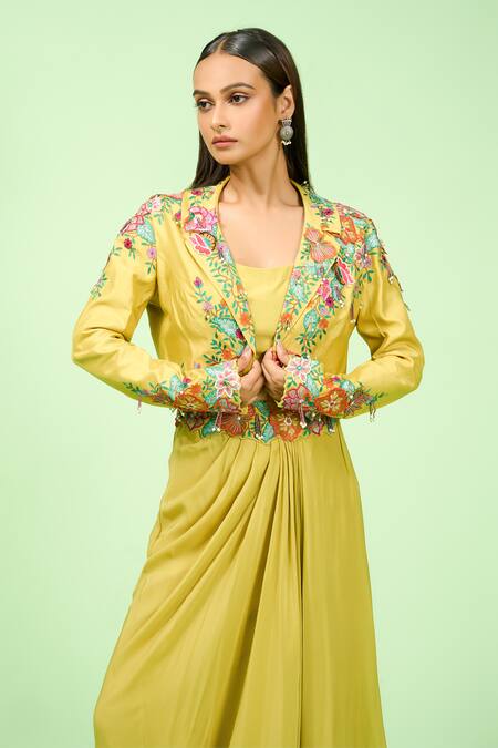 Rishi And Soujit Green Bamboo, Crepe Embroidery Collared, Round Crop Jacket And Draped Skirt Set Online at Aza Fashions Rishi And Soujit_Green Bamboo, Crepe Embroidery Collared, Round Crop Jacket And Draped Skirt Set _Online_at_Aza_Fashions