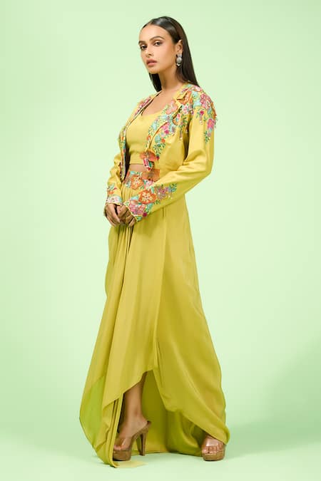 Buy Rishi And Soujit Green Bamboo, Crepe Embroidery Collared, Round Crop Jacket And Draped Skirt Set Online at Aza Fashions Buy_Rishi And Soujit_Green Bamboo, Crepe Embroidery Collared, Round Crop Jacket And Draped Skirt Set _Online_at_Aza_Fashions