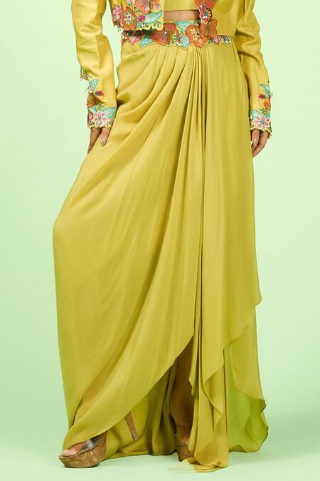 Shop Rishi And Soujit Green Bamboo, Crepe Embroidery Collared, Round Crop Jacket And Draped Skirt Set Online at Aza Fashions Shop_Rishi And Soujit_Green Bamboo, Crepe Embroidery Collared, Round Crop Jacket And Draped Skirt Set _Online_at_Aza_Fashions