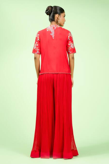 Rishi And Soujit_Red Silk, Georgette Embroidery V-neck Floral Jacket And Pant Set _Online_at_Aza_Fashions