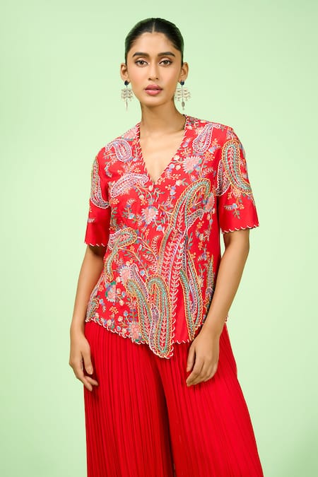 Buy_Rishi And Soujit_Red Silk, Georgette Embroidery V-neck Floral Jacket And Pant Set _Online_at_Aza_Fashions