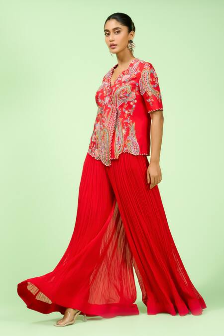 Shop_Rishi And Soujit_Red Silk, Georgette Embroidery V-neck Floral Jacket And Pant Set _Online_at_Aza_Fashions