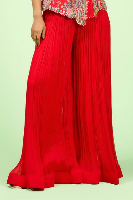 Rishi And Soujit_Red Silk, Georgette Embroidery V-neck Floral Jacket And Pant Set _at_Aza_Fashions