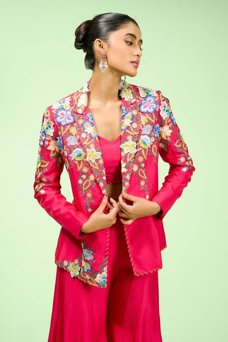Rishi And Soujit Pink Bamboo, Silk Embroidery, Applique Sweetheart Neck Blazer And Pant Set Online at Aza Fashions Rishi And Soujit_Pink Bamboo, Silk Embroidery, Applique Sweetheart Neck Blazer And Pant Set _Online_at_Aza_Fashions