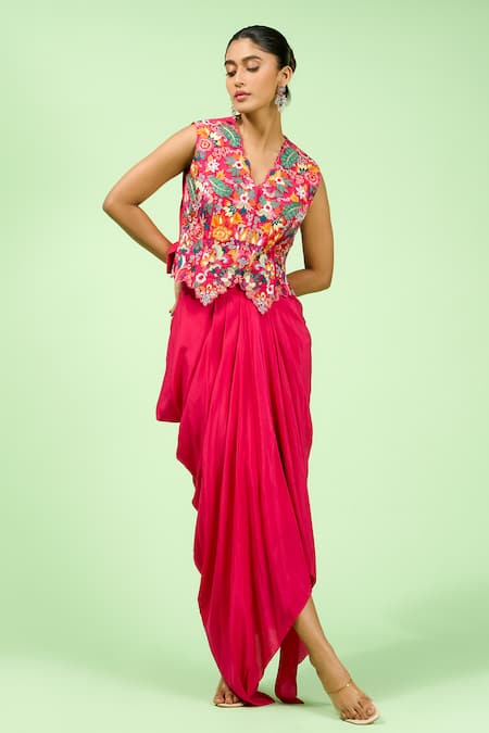 Rishi and Soujit Embroidered Waistcoat & Draped Skirt Set 