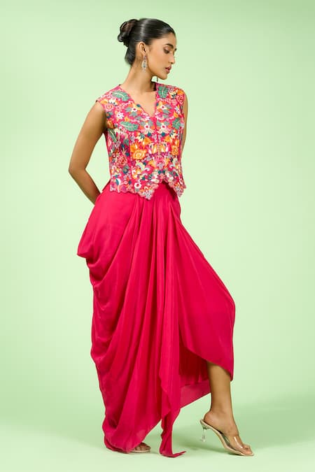 Shop Rishi And Soujit Pink Crepe Embroidery V-neck Floral Thread Waistcoat Set Online at Aza Fashions Shop_Rishi And Soujit_Pink Crepe Embroidery V-neck Floral Thread Waistcoat Set _Online_at_Aza_Fashions