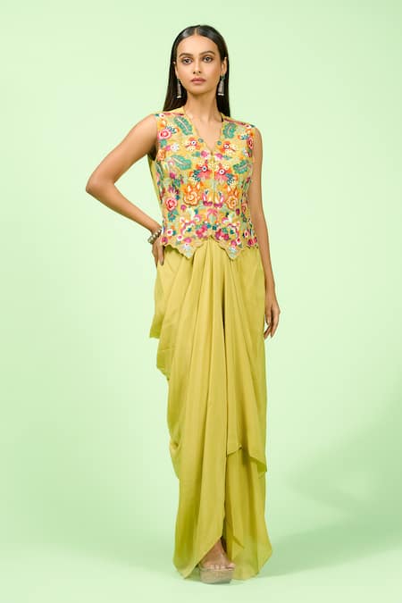 Rishi and Soujit Embroidered Waistcoat & Draped Skirt Set 