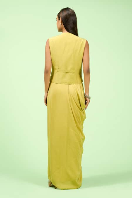 Rishi And Soujit Floral Embroidered Waistcoat & Draped Skirt Set 