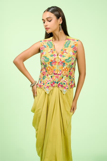 Rishi And Soujit_Green Crepe Embroidery V-neck Floral Waistcoat And Draped Skirt Set _Online_at_Aza_Fashions