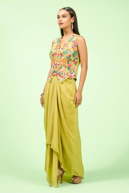Buy_Rishi And Soujit_Green Crepe Embroidery V-neck Floral Waistcoat And Draped Skirt Set _Online_at_Aza_Fashions