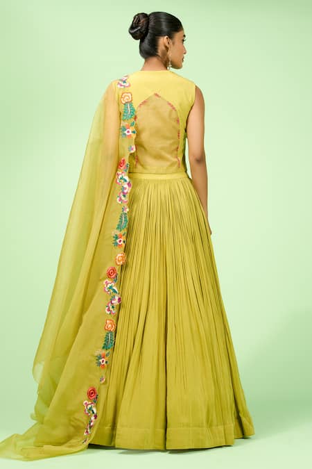 Rishi And Soujit Embroidered Floral Waistcoat & Pleated Lehenga Set 