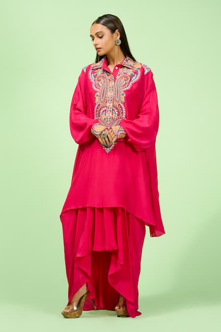 Buy Rishi And Soujit Pink Crepe Embroidery Collared Paisley Kaftan And Draped Skirt Online at Aza Fashions Buy_Rishi And Soujit_Pink Crepe Embroidery Collared Paisley Kaftan And Draped Skirt _Online_at_Aza_Fashions