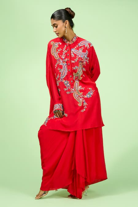 Rishi and Soujit Paisley Thread Embroidered Kaftan & Draped Skirt Set 