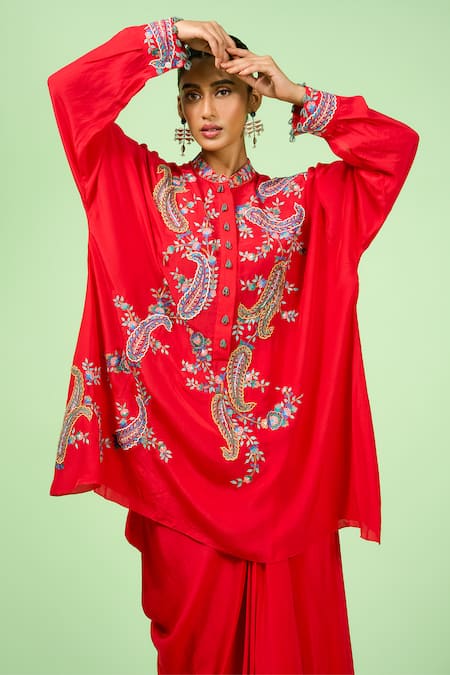 Rishi And Soujit_Red Crepe Embroidery Mandarin Collar Paisley Thread Kaftan And Skirt _Online_at_Aza_Fashions
