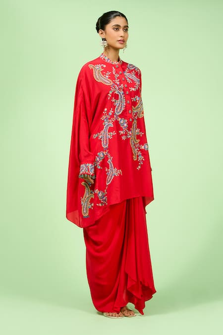 Buy_Rishi And Soujit_Red Crepe Embroidery Mandarin Collar Paisley Thread Kaftan And Skirt _Online_at_Aza_Fashions
