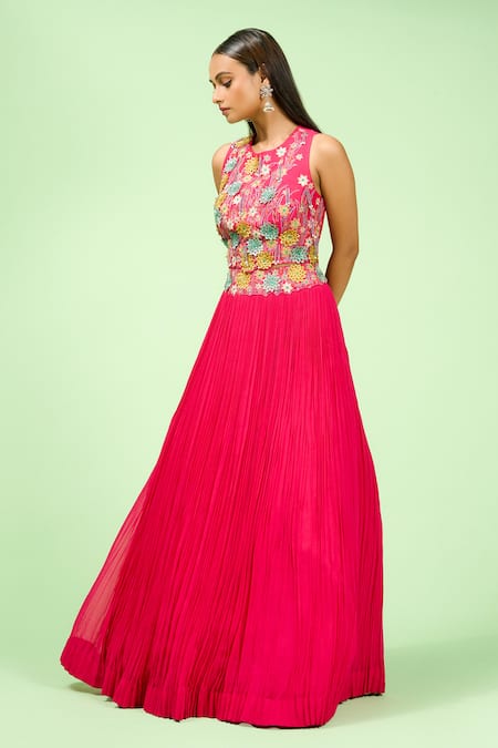 Shop Rishi And Soujit Pink Georgette, Bamboo Applique, Embroidery Round Neck Floral Lehenga Set Online at Aza Fashions Shop_Rishi And Soujit_Pink Georgette, Bamboo Applique, Embroidery Round Neck Floral Lehenga Set _Online_at_Aza_Fashions