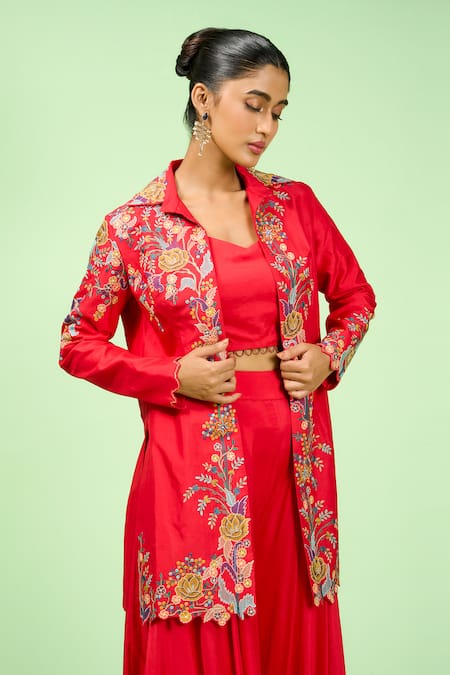 Buy Rishi And Soujit Red Bamboo, Brocade Embroidery Sweetheart Neck Floral Thread Blazer Pant Set Online at Aza Fashions Buy_Rishi And Soujit_Red Bamboo, Brocade Embroidery Sweetheart Neck Floral Thread Blazer Pant Set _Online_at_Aza_Fashions