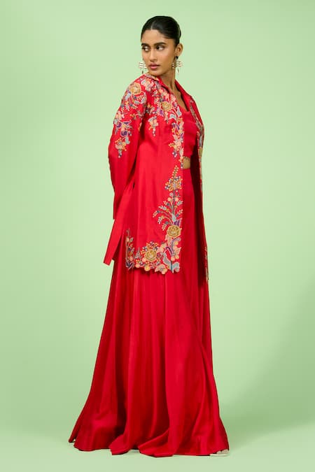 Shop Rishi And Soujit Red Bamboo, Brocade Embroidery Sweetheart Neck Floral Thread Blazer Pant Set Online at Aza Fashions Shop_Rishi And Soujit_Red Bamboo, Brocade Embroidery Sweetheart Neck Floral Thread Blazer Pant Set _Online_at_Aza_Fashions
