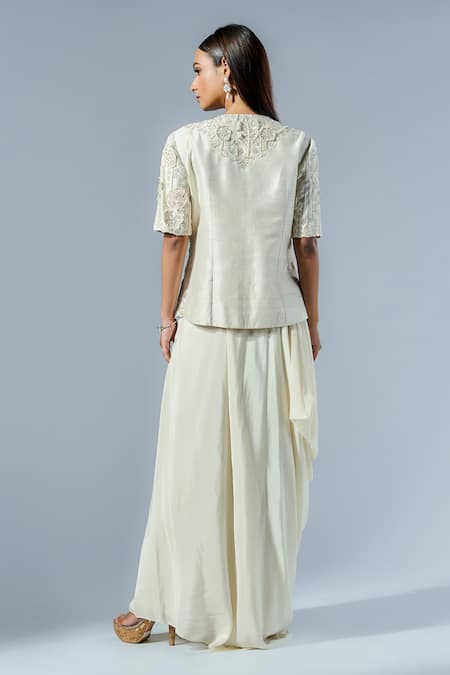 Rishi And Soujit Floral Applique Wrap Top & Skirt Set 