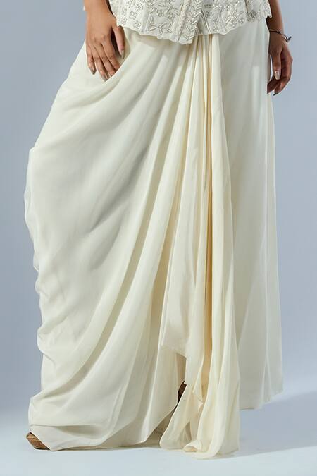 Rishi And Soujit Ivory Silk, Crepe Applique V-neck Floral Wrap Top And Skirt Set Online at Aza Fashions Rishi And Soujit_Ivory Silk, Crepe Applique V-neck Floral Wrap Top And Skirt Set _Online_at_Aza_Fashions