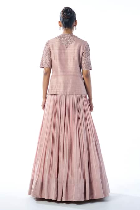 Rishi And Soujit Floral Embroidered Top & Pleated Skirt Set 