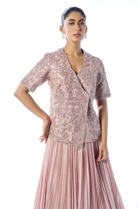 Rishi And Soujit_Pink Organza, Silk, Crepe Embroidery V-neck Floral Top And Pleated Skirt Set _Online_at_Aza_Fashions