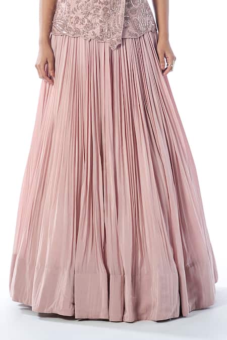 Buy_Rishi And Soujit_Pink Organza, Silk, Crepe Embroidery V-neck Floral Top And Pleated Skirt Set _Online_at_Aza_Fashions