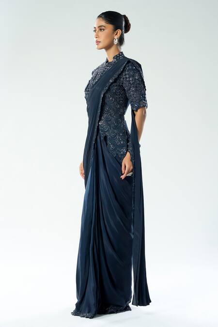 Rishi And Soujit_Blue Organza, Crepe Cut Work, Beads High Neck Embroidered Pre-draped Saree Set _Online_at_Aza_Fashions