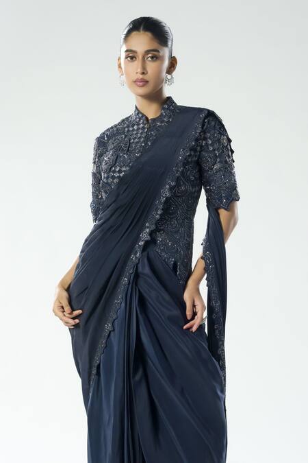 Buy_Rishi And Soujit_Blue Organza, Crepe Cut Work, Beads High Neck Embroidered Pre-draped Saree Set _Online_at_Aza_Fashions