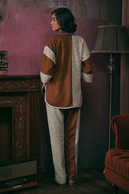 Shop Sunandini Orange Tweed Shawl Neck Color Block Top And Trouser Set at Aza Fashions Shop_Sunandini_Orange Tweed Shawl Neck Color Block Top And Trouser Set _at_Aza_Fashions