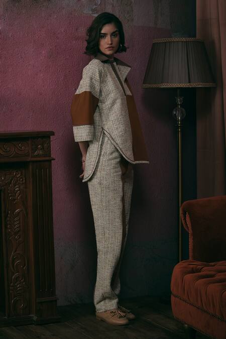 Sunandini Orange Tweed Shawl Neck Color Block Top And Trouser Set Online at Aza Fashions Sunandini_Orange Tweed Shawl Neck Color Block Top And Trouser Set _Online_at_Aza_Fashions