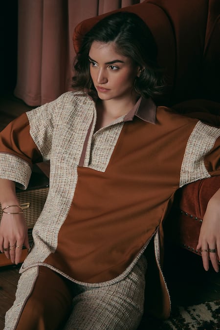 Buy Sunandini Orange Tweed Shawl Neck Color Block Top And Trouser Set Online at Aza Fashions Buy_Sunandini_Orange Tweed Shawl Neck Color Block Top And Trouser Set _Online_at_Aza_Fashions