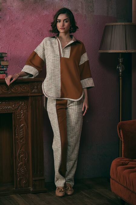 Sunandini Orange Tweed Shawl Neck Color Block Top And Trouser Set at Aza Fashions Sunandini_Orange Tweed Shawl Neck Color Block Top And Trouser Set _at_Aza_Fashions