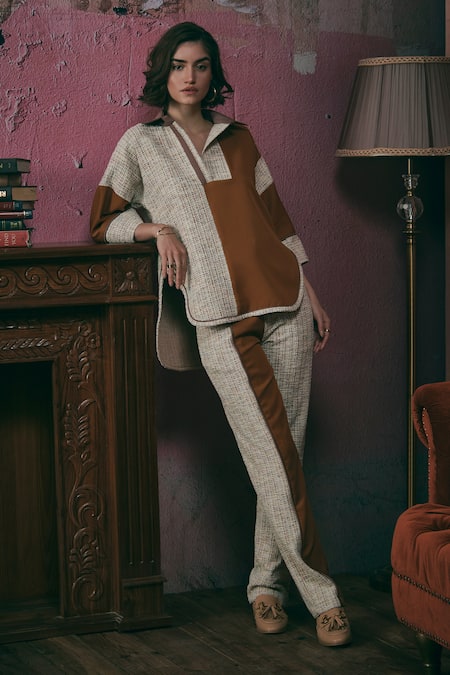 Sunandini_Orange Tweed Shawl Neck Color Blocked High-low Top _Online_at_Aza_Fashions