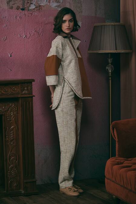 Buy_Sunandini_Orange Tweed Shawl Neck Color Blocked High-low Top _Online_at_Aza_Fashions