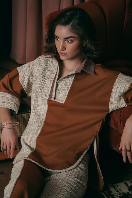Shop_Sunandini_Orange Tweed Shawl Neck Color Blocked High-low Top _Online_at_Aza_Fashions