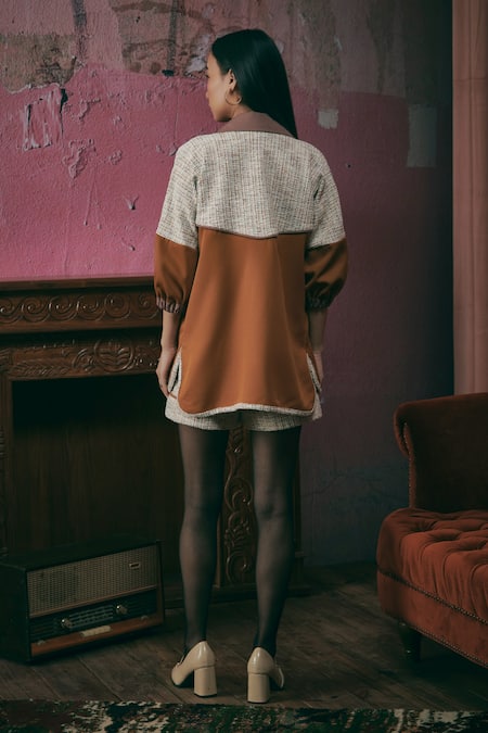 Shop_Sunandini_Orange Tweed Color Block Shirt Collar Apricot Jacket _at_Aza_Fashions