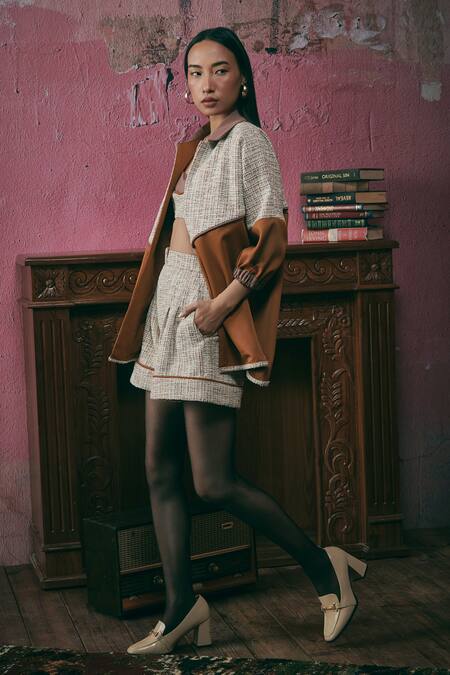 Buy_Sunandini_Orange Tweed Color Block Shirt Collar Apricot Jacket _Online_at_Aza_Fashions